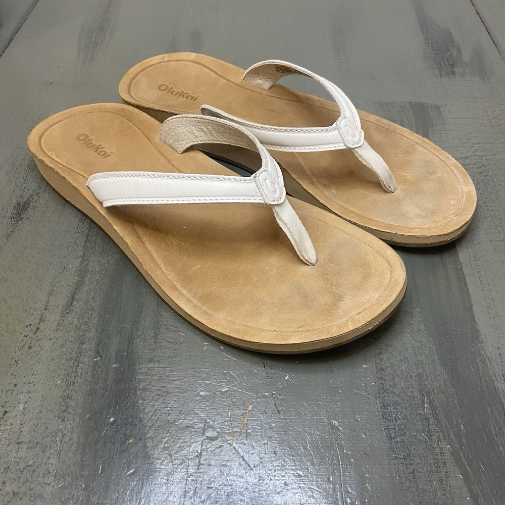 OluKai Southshore-w Sandals Womens 10 Leather Flip Flops White Warm Sand
